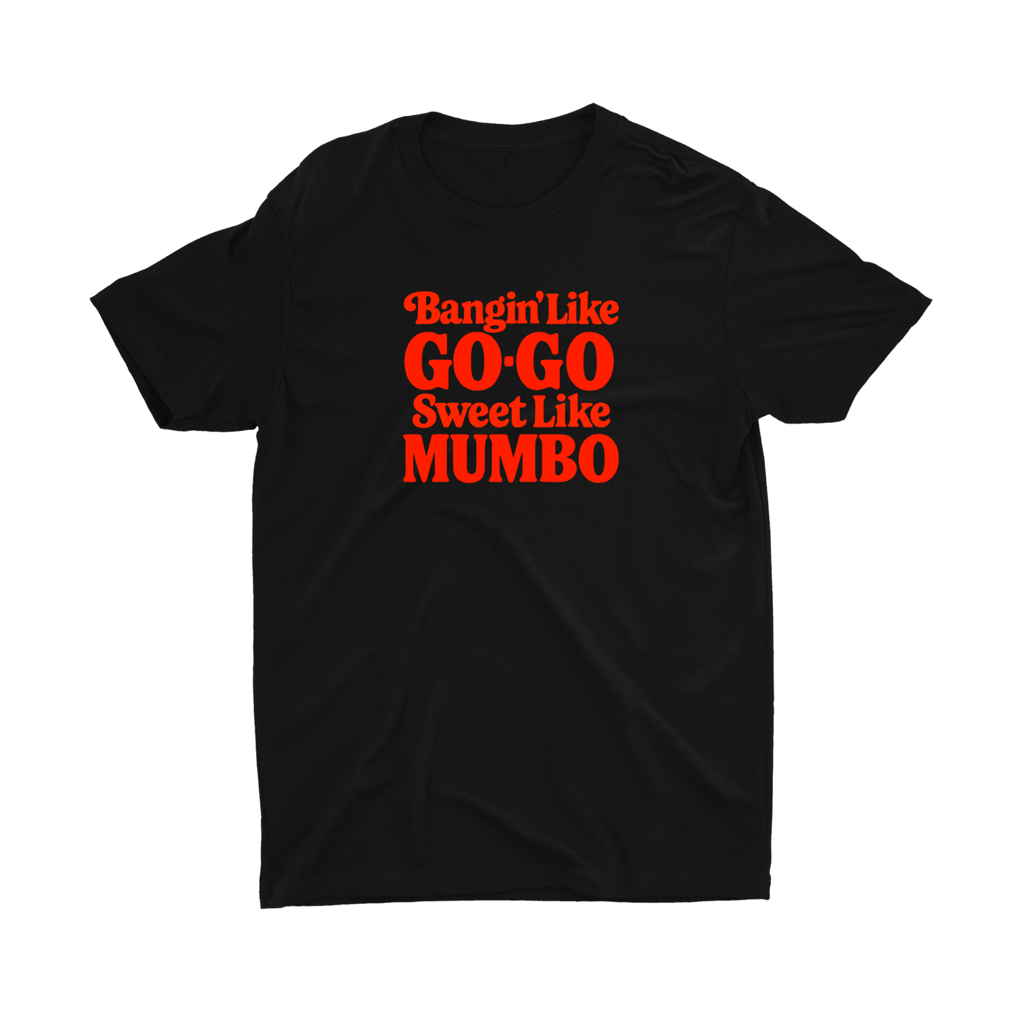 Black t-shirt with red text on a white background