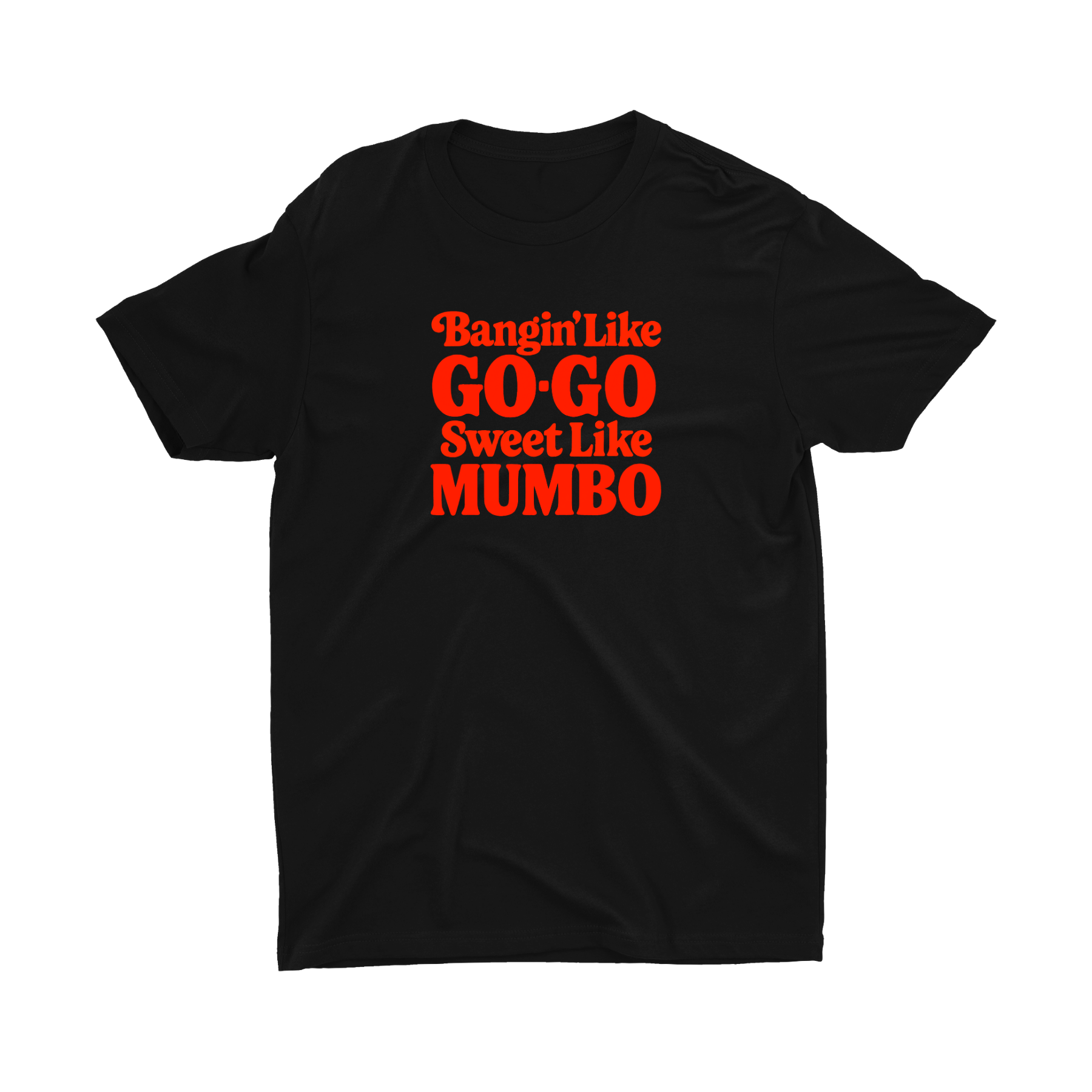 Black t-shirt with red text on a white background