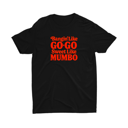 Black t-shirt with red text on a white background