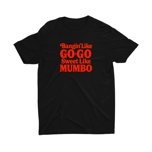 Black t-shirt with red text on a white background