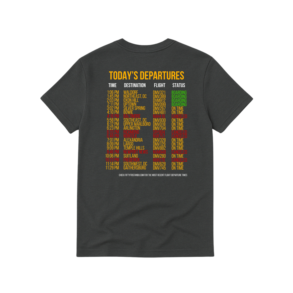 Black t-shirt with colorful flight information design on the back against a white background
