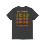 Black t-shirt with colorful flight information design on the back against a white background