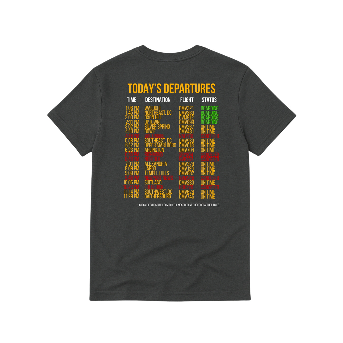 Black t-shirt with colorful flight information design on the back against a white background