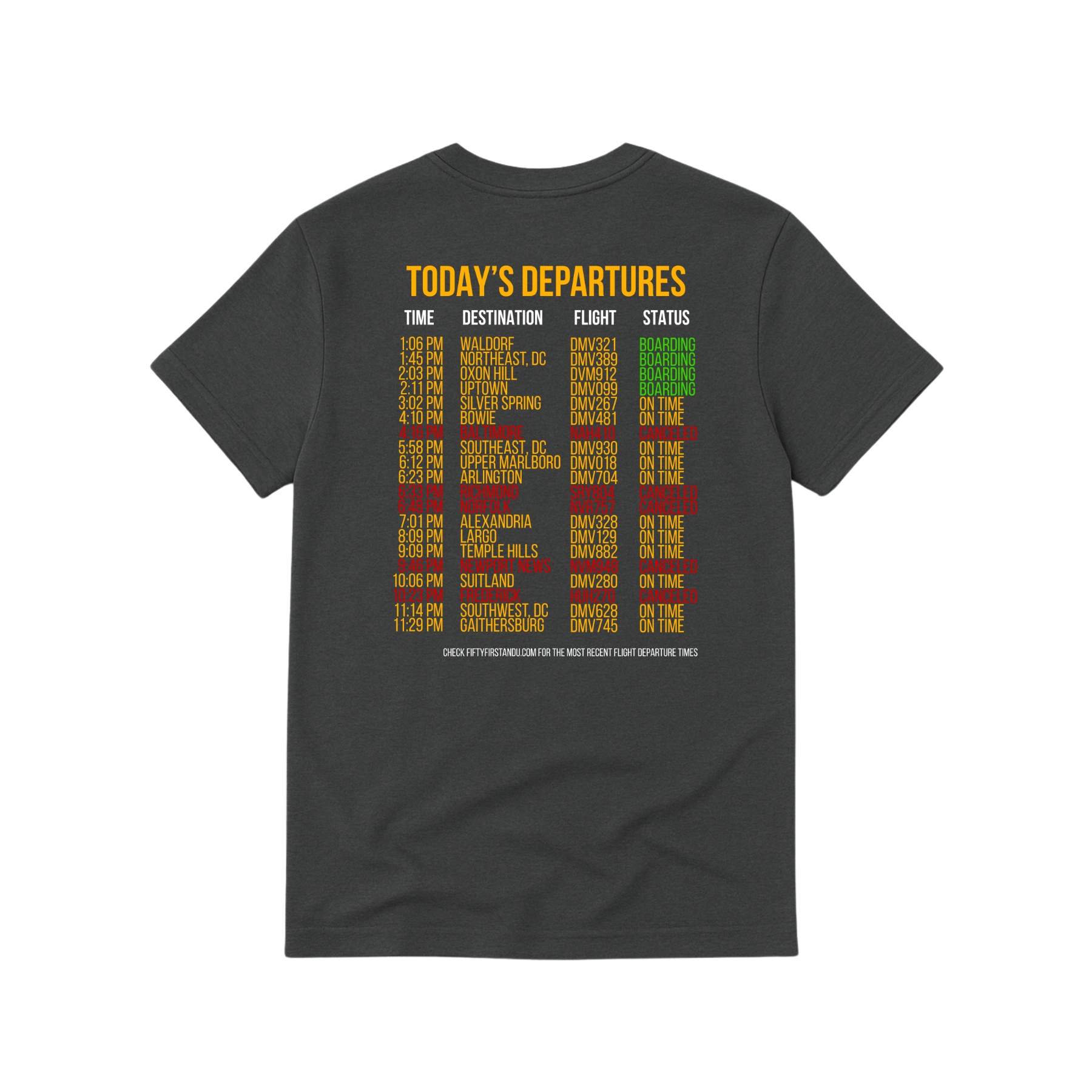 Black t-shirt with colorful flight information design on the back against a white background