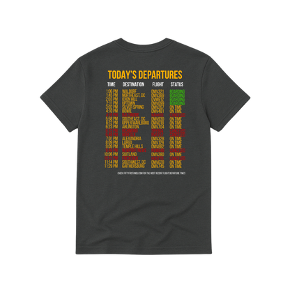 Black t-shirt with colorful flight information design on the back against a white background
